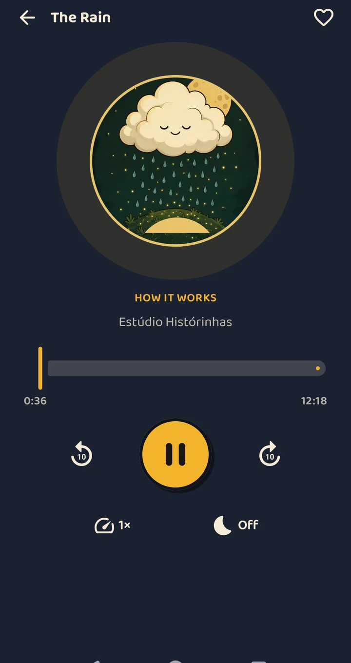 Kina Stories app player in night mode, playing The Rain.