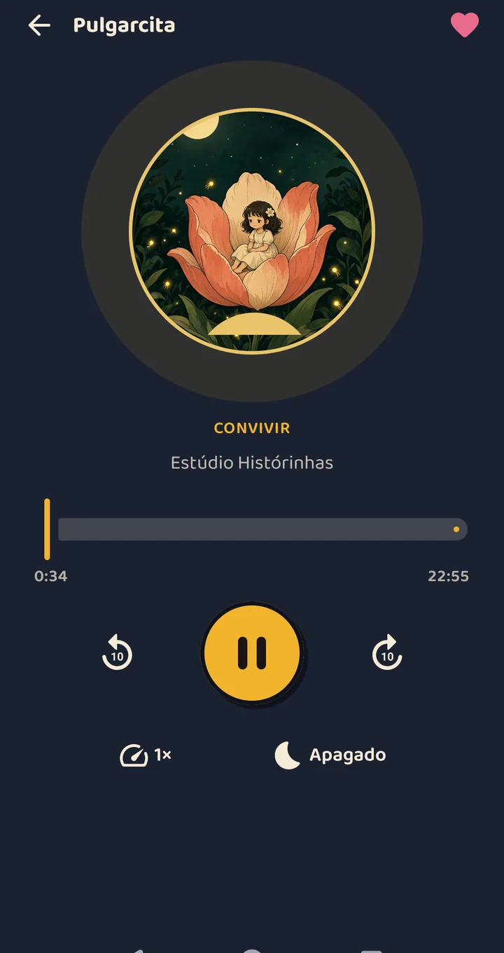 Reproductor de la app Kina Stories en modo noche, sonando Pulgarcita.