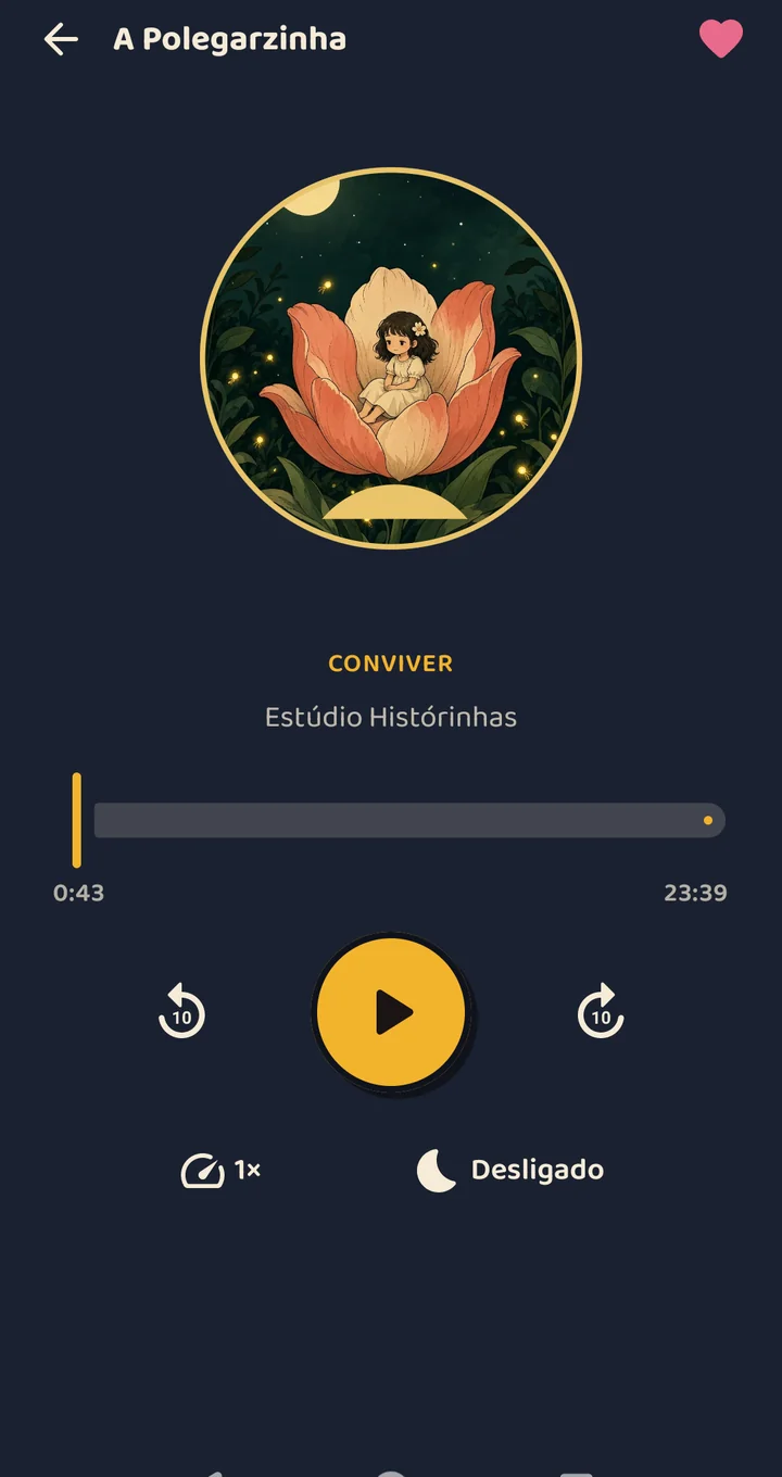 Player do app Kina Stories em modo noite, tocando A Polegarzinha.